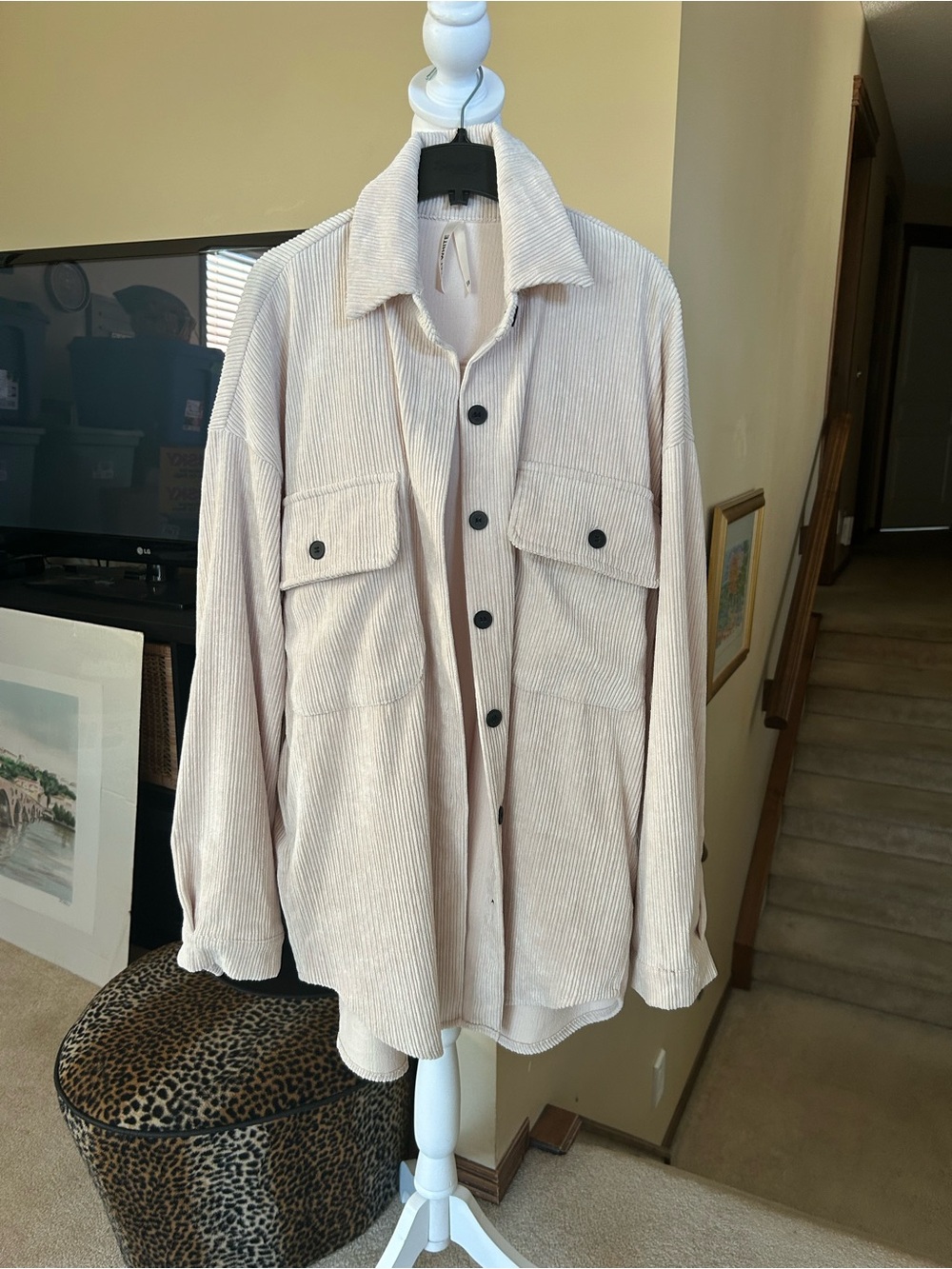 Light Beige Corduroy Shacket with Front oversized Pockets Cottagecore/ Baggy